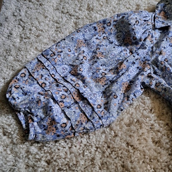 Free People Floral Button Down Blouse Blue Puff Sleeve Pleated Boho Top - Picture 10 of 12